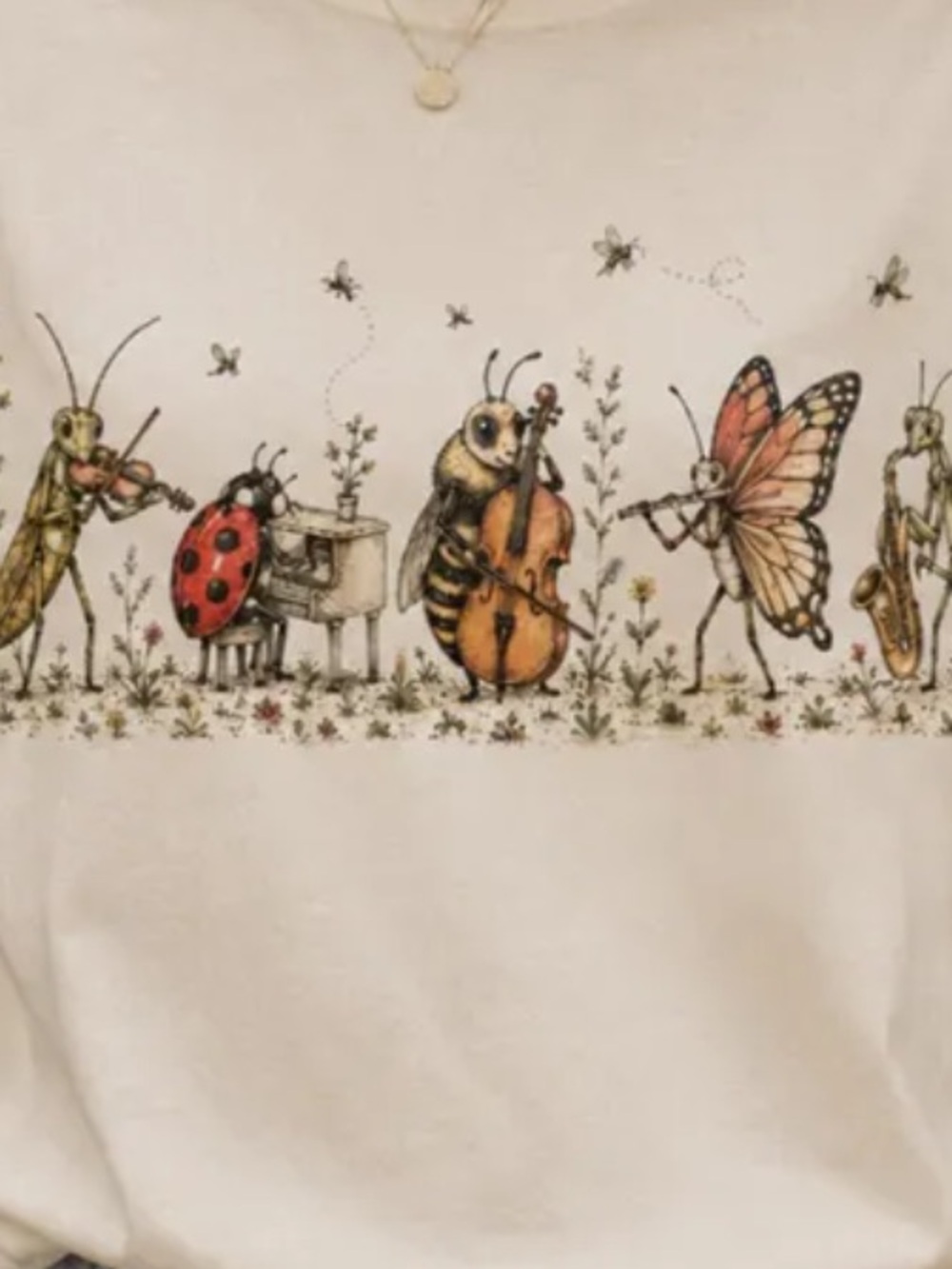 Off White Short Sleeve Tee with Musical Insect Band Graphic - Picture 2 of 3